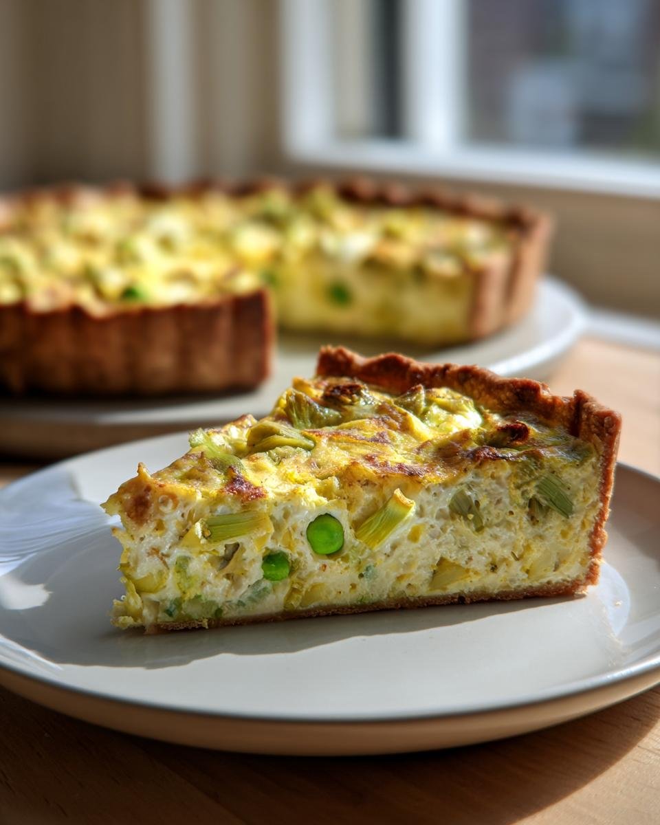 Ein angeschnittenes St&uuml;ck der k&ouml;stlichen Artischocken-Dickenbohnen-Tarte auf einem Teller, im Hintergrund die ganze Tarte.
