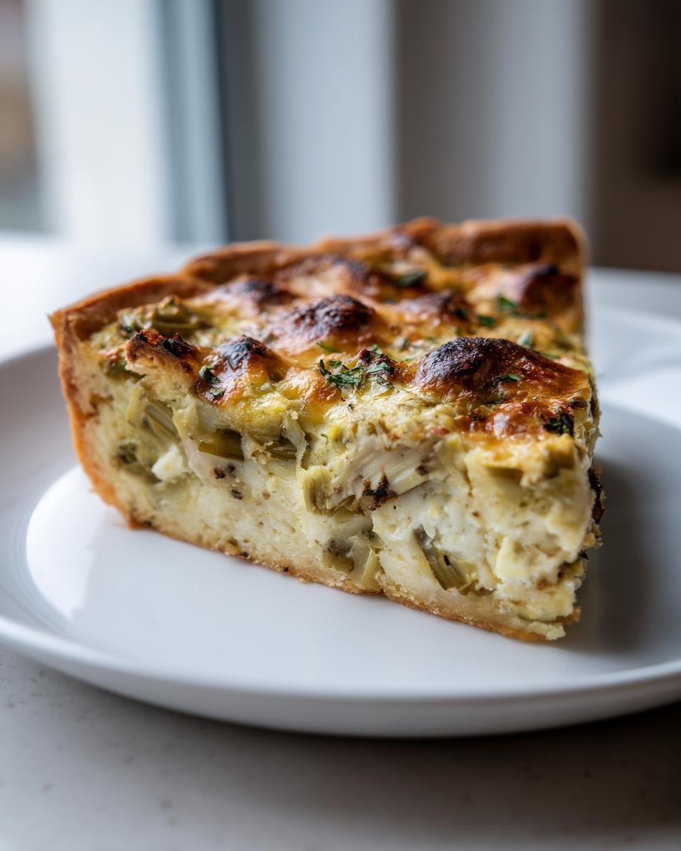 Nahaufnahme eines St&uuml;cks der k&ouml;stlichen Artischocken-Dickenbohnen-Tarte mit goldbraun gebackener Kruste.