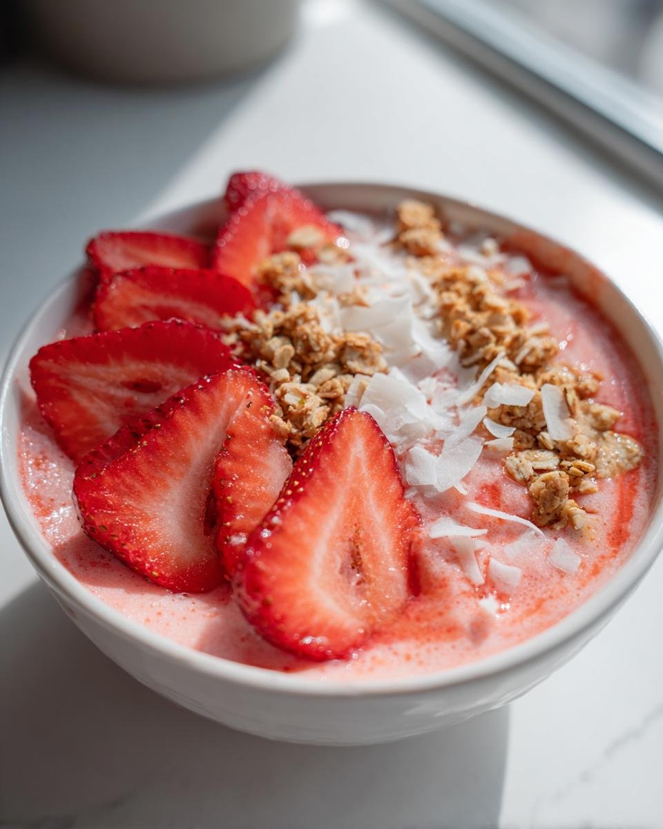 Nahaufnahme einer wei&szlig;en Sch&uuml;ssel mit einer k&ouml;stlichen Erdbeer-Smoothie-Bowl, garniert mit frischen Erdbeerscheiben, M&uuml;sli und Kokosraspeln.