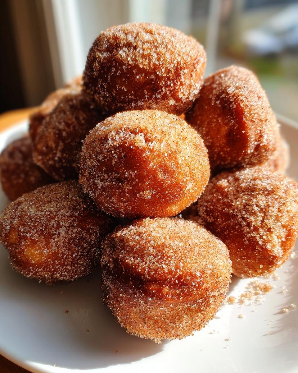 Ein Stapel goldbrauner, frittierter Donut-L&ouml;cher, gro&szlig;z&uuml;gig mit Zimt-Zucker bedeckt.