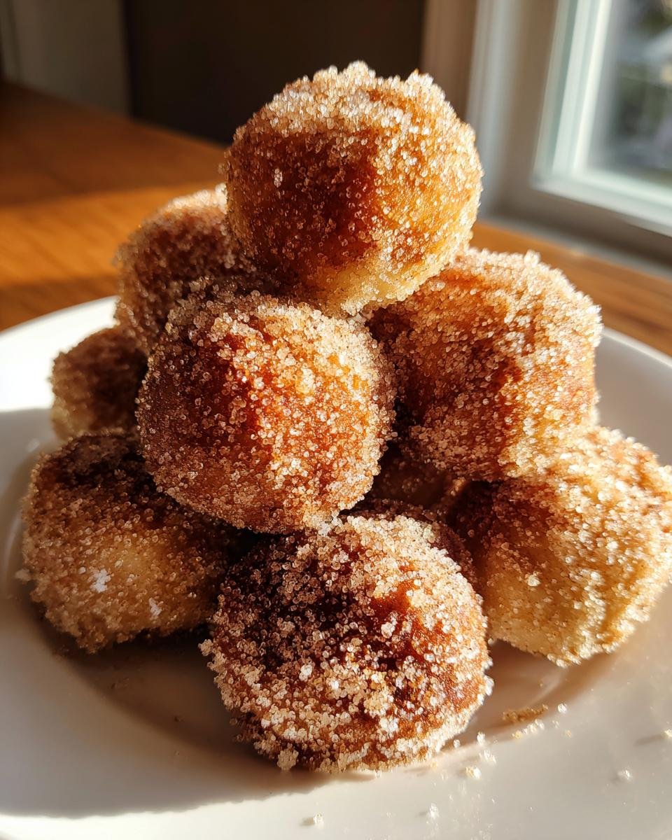 Ein Stapel goldbrauner, frittierter Donut-L&ouml;cher, reichlich mit Zimt-Zucker bedeckt.