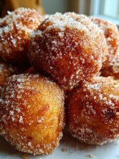 Nahaufnahme eines Stapels goldbrauner, frittierter Teigb&auml;llchen, bedeckt mit grobem Zimt-Zucker f&uuml;r k&ouml;stliche Zimt-Zucker Donut L&ouml;cher.