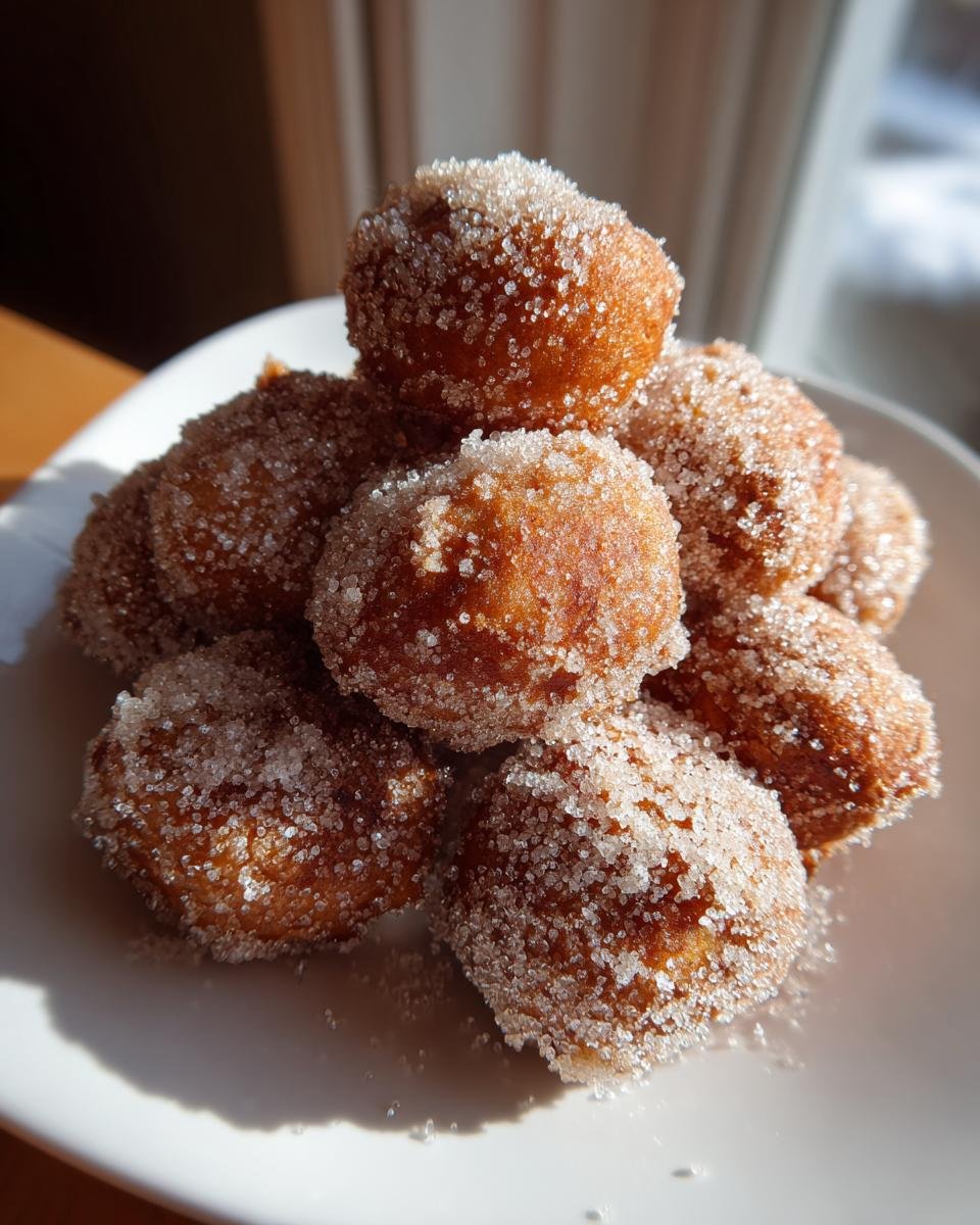 Ein Haufen goldbrauner Delicious Cinnamon Sugar Donut Holes, dick mit Kristallzucker bestreut, auf einem wei&szlig;en Teller.