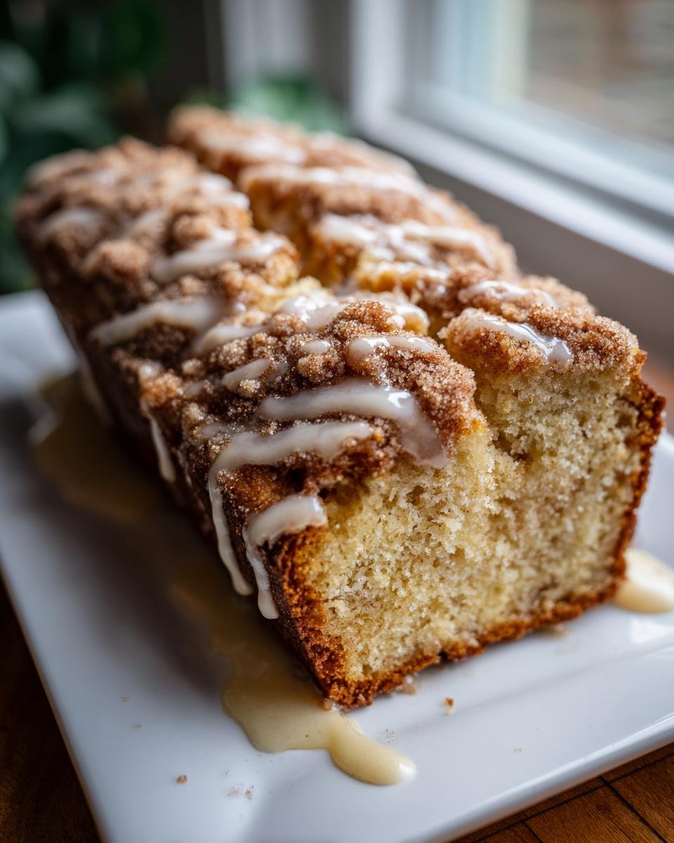 Nahaufnahme eines saftigen Churro Kuchens mit Zimtstreuseln und hellem Zuckerguss auf einem wei&szlig;en Teller.