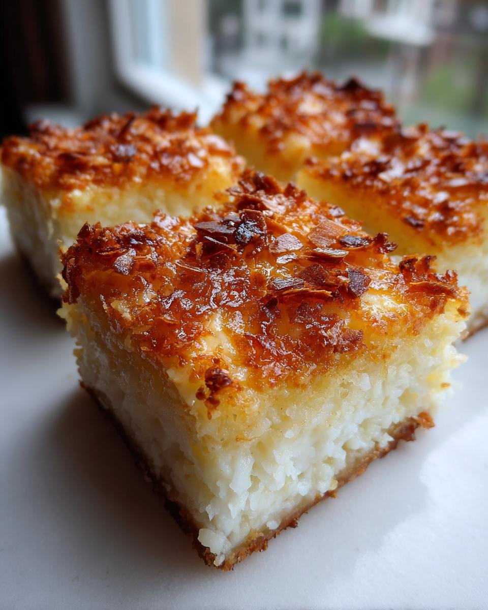 Nahaufnahme von vier St&uuml;cken der Leichte Ricotta Squares mit knuspriger, goldbrauner Mandelkruste.