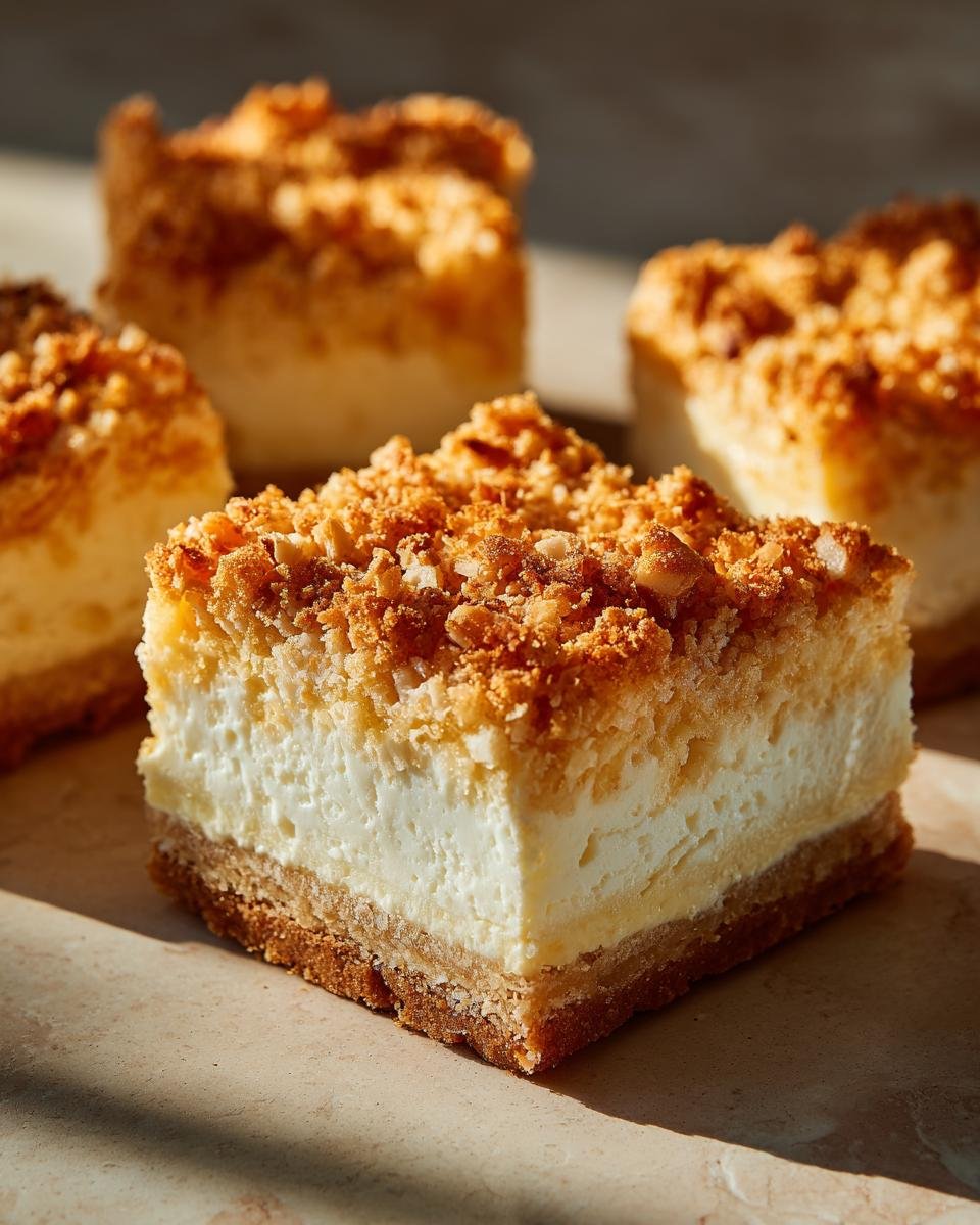 Nahaufnahme einer der Leichteste Ricotta Schnitten mit knusprigem Mandel-Crunch-Topping.