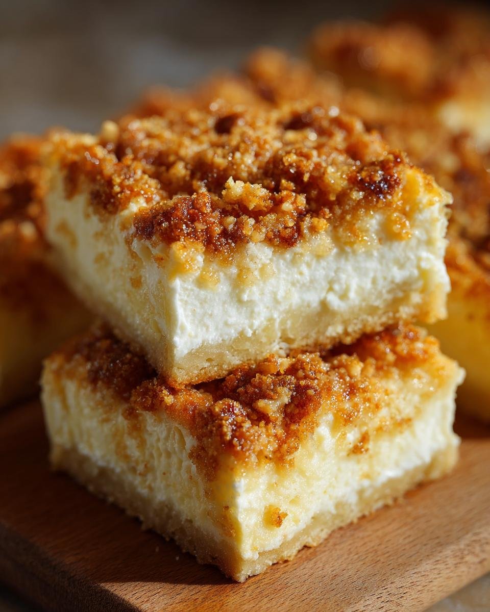 Zwei gestapelte St&uuml;cke der Leichteste Ricotta Squares With Almond Crunch auf einem Holzbrett.