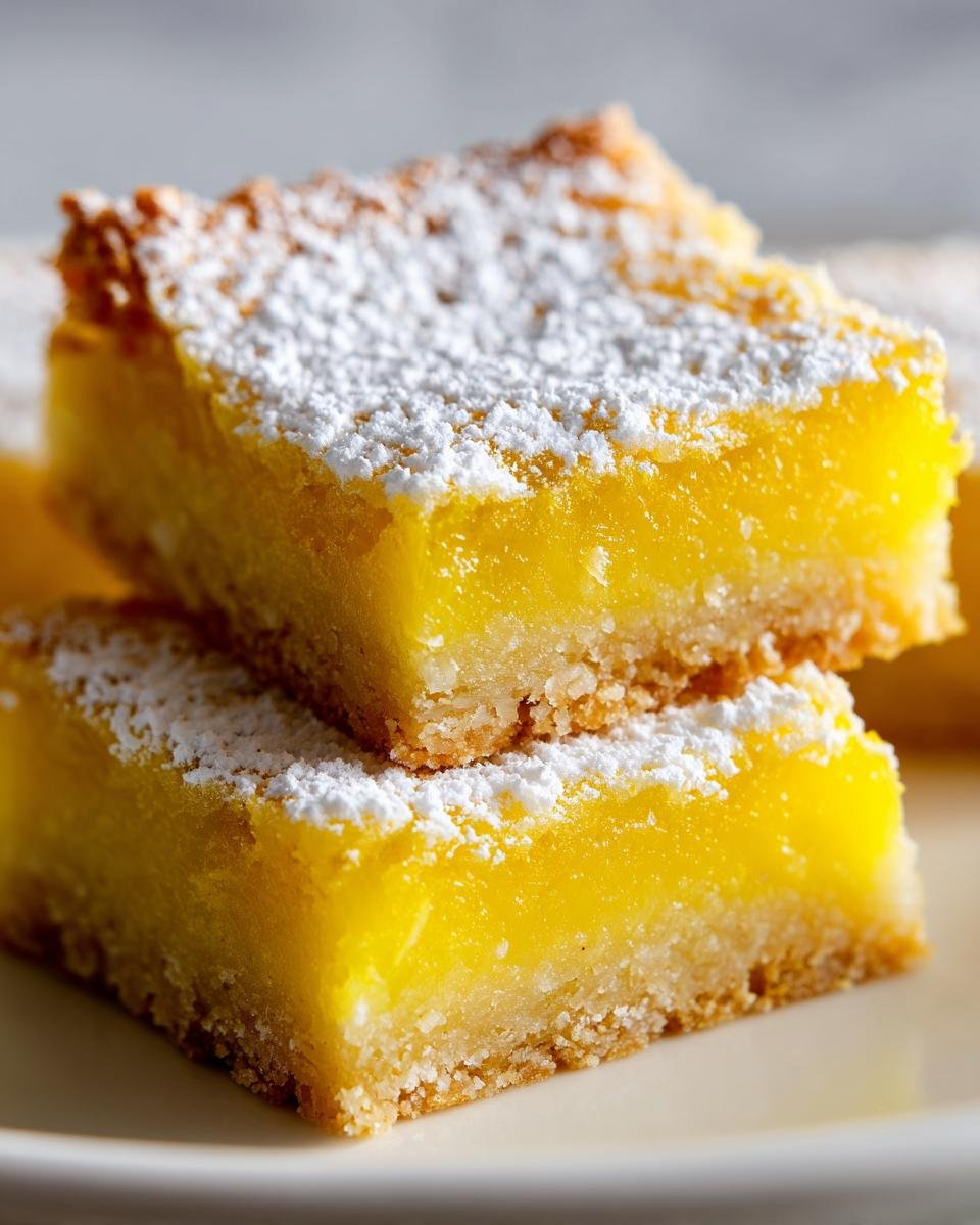 Nahaufnahme von zwei gestapelten, leuchtend gelben Lemon Bars, best&auml;ubt mit Puderzucker.