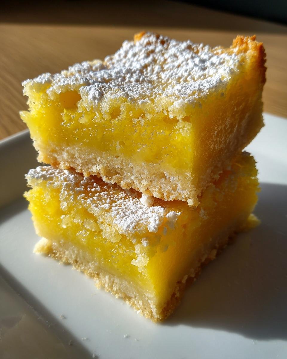 Zwei gestapelte Lemon Bars mit intensivem Zitronengelb und Puderzucker auf einem wei&szlig;en Teller.