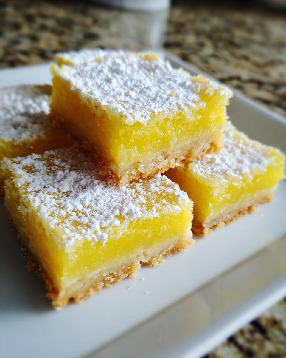 Nahaufnahme von gestapelten, saftigen Lemon Bars mit dicker Zitronenschicht und Puderzucker.
