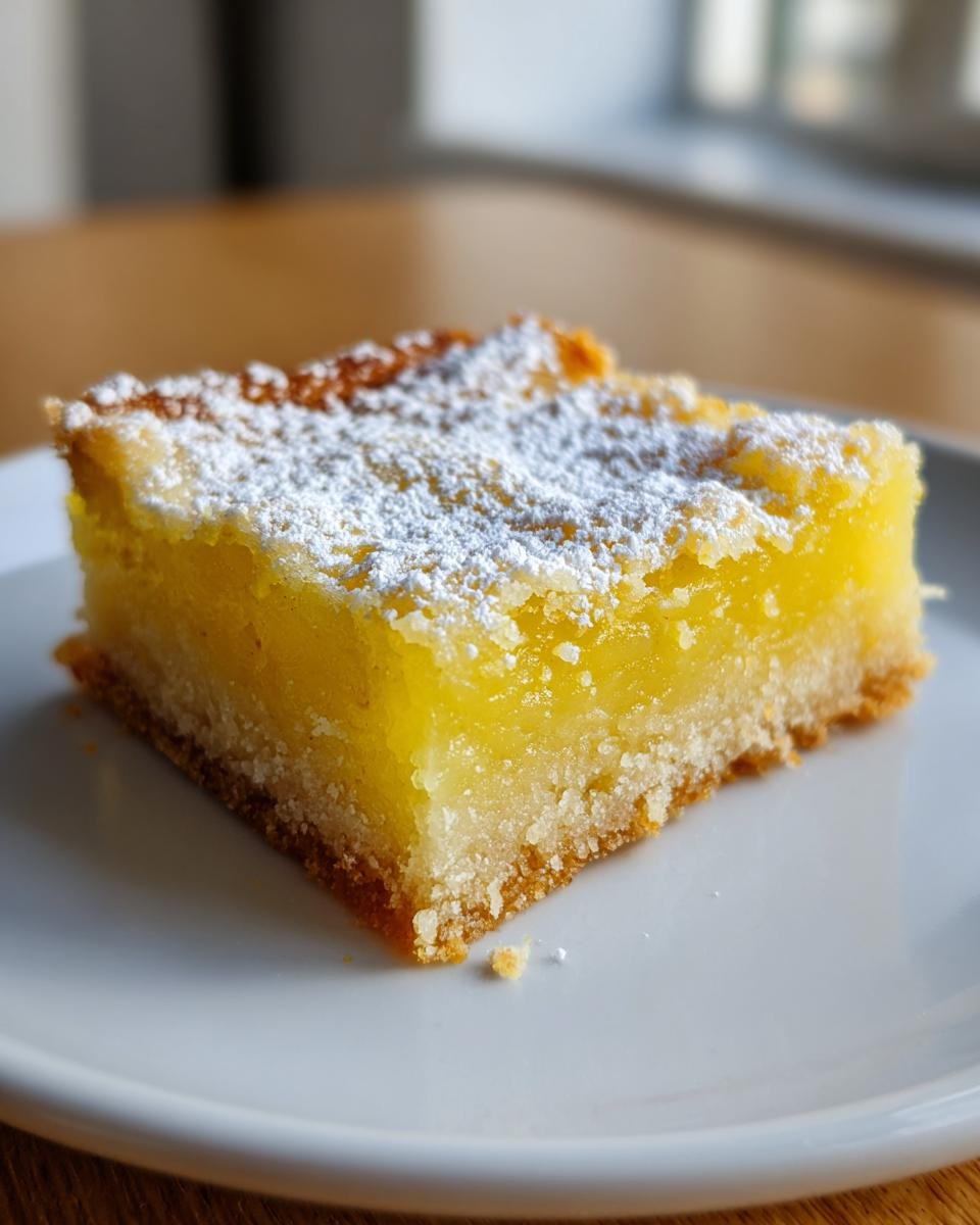 Nahaufnahme eines quadratischen St&uuml;cks Lemon Bars mit dicker gelber F&uuml;llung und Puderzucker auf einem wei&szlig;en Teller.
