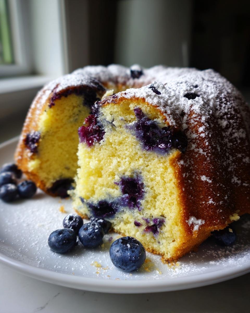 Ein aufgeschnittener, saftiger Lemon Blueberry Bundt Cake, best&auml;ubt mit Puderzucker und garniert mit frischen Blaubeeren.