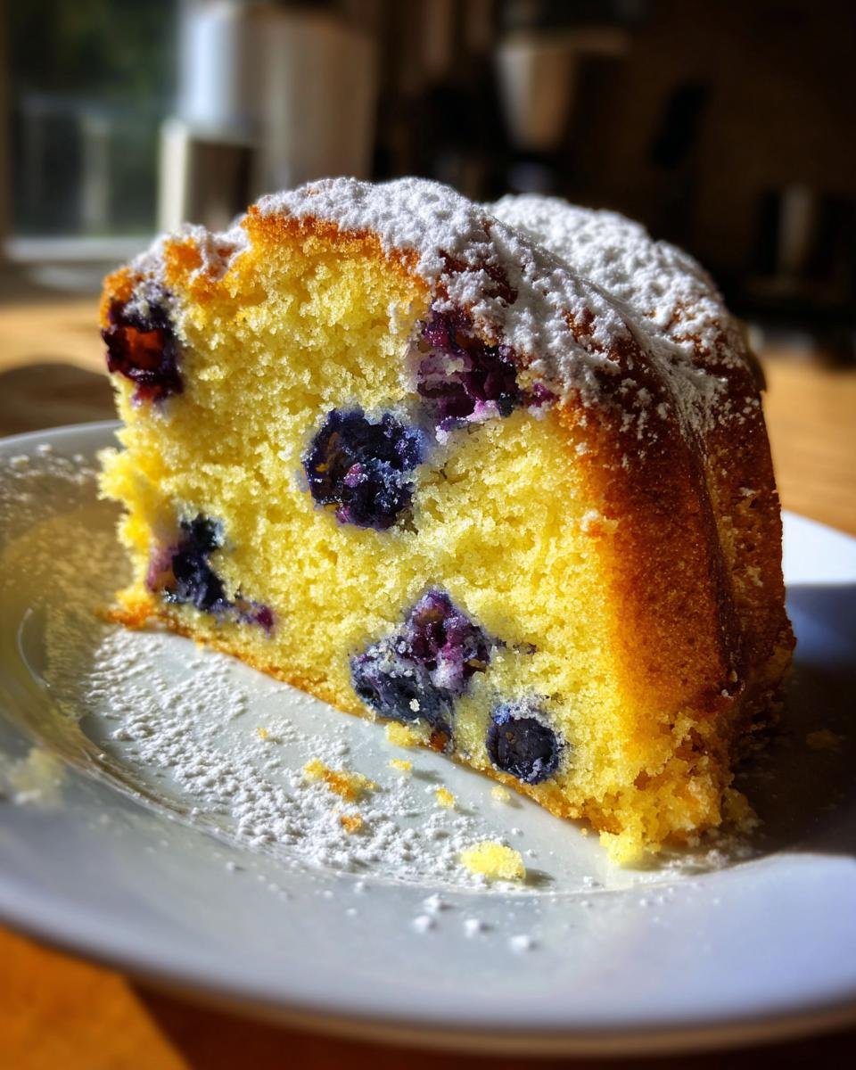 Nahaufnahme eines saftigen St&uuml;cks Lemon Blueberry Bundt Cake mit Blaubeeren und Puderzucker auf einem Teller.