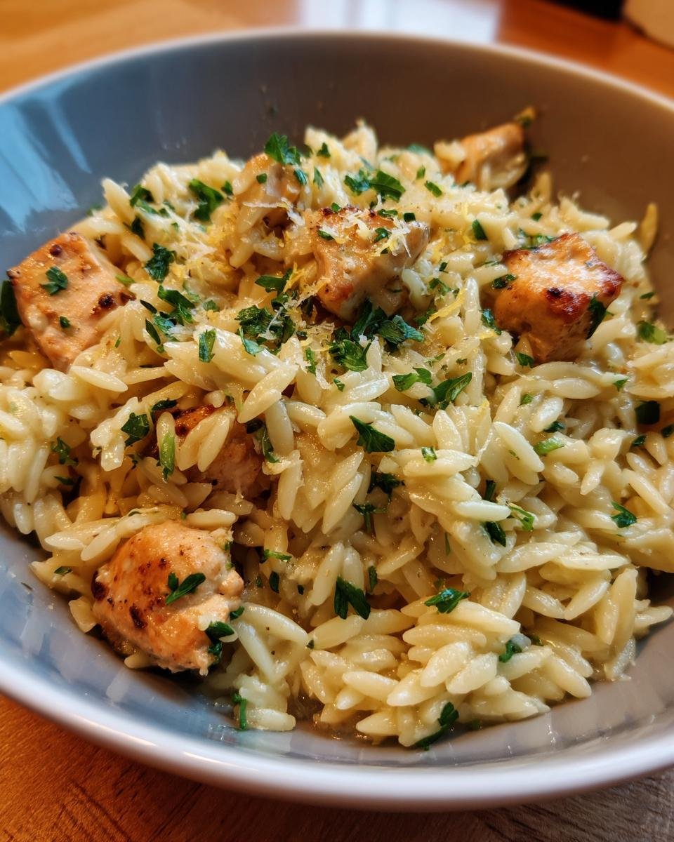 Nahaufnahme eines Lemon Chicken Orzo Skillet mit gebratenen H&auml;hnchenst&uuml;cken, Petersilie und Zitronenabrieb in einer grauen Sch&uuml;ssel.