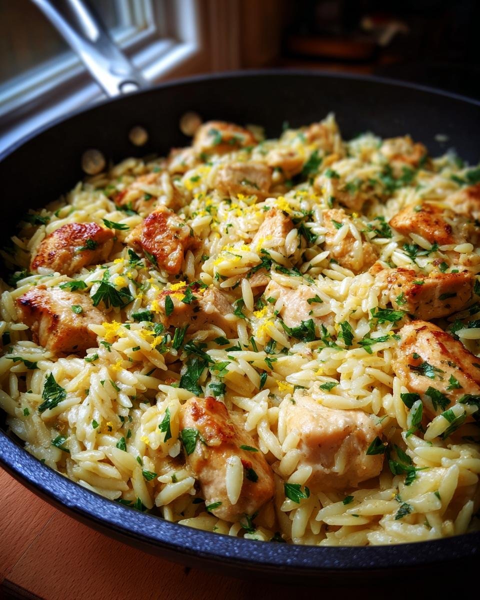 Nahaufnahme eines Lemon Chicken Orzo Skillet mit gebratenen H&auml;hnchenst&uuml;cken und Petersilie in einer schwarzen Pfanne.