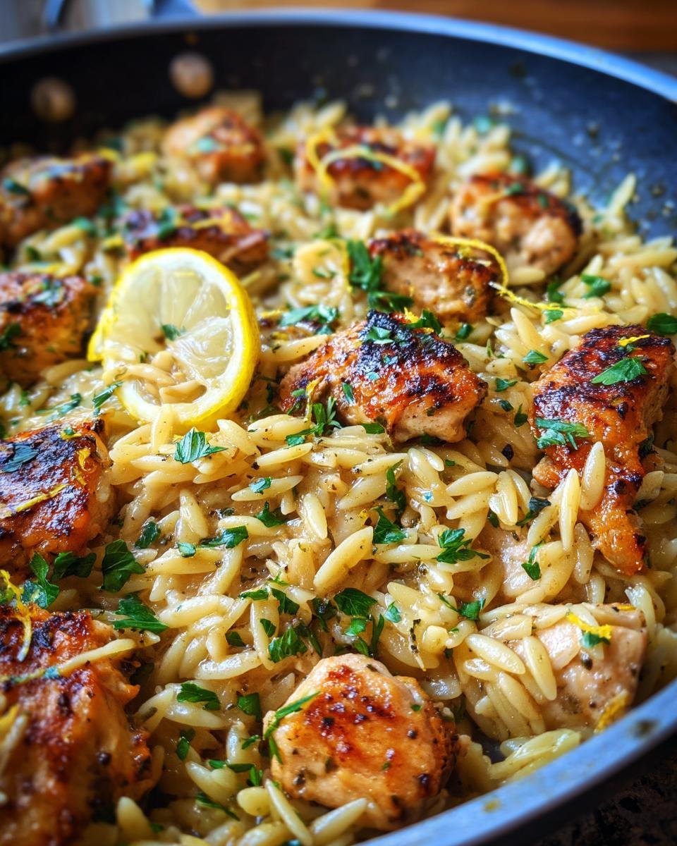 Nahaufnahme eines Lemon Chicken Orzo Skillet mit gebratenen H&auml;hnchenst&uuml;cken und Zitronenscheiben.