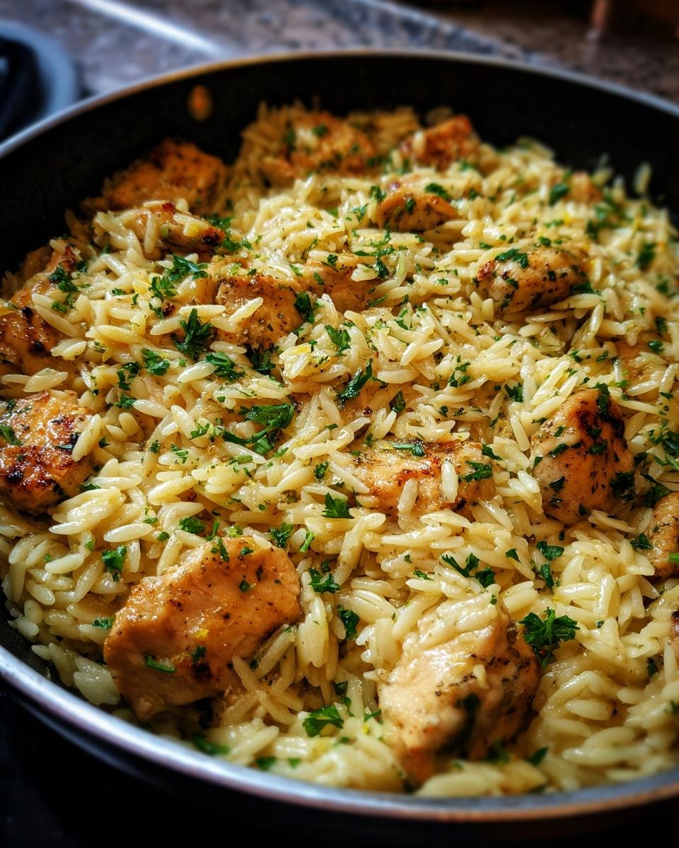 Nahaufnahme des fertigen Lemon Chicken Orzo Skillet mit gebratenen H&auml;hnchenst&uuml;cken und Petersilie in einer dunklen Pfanne.