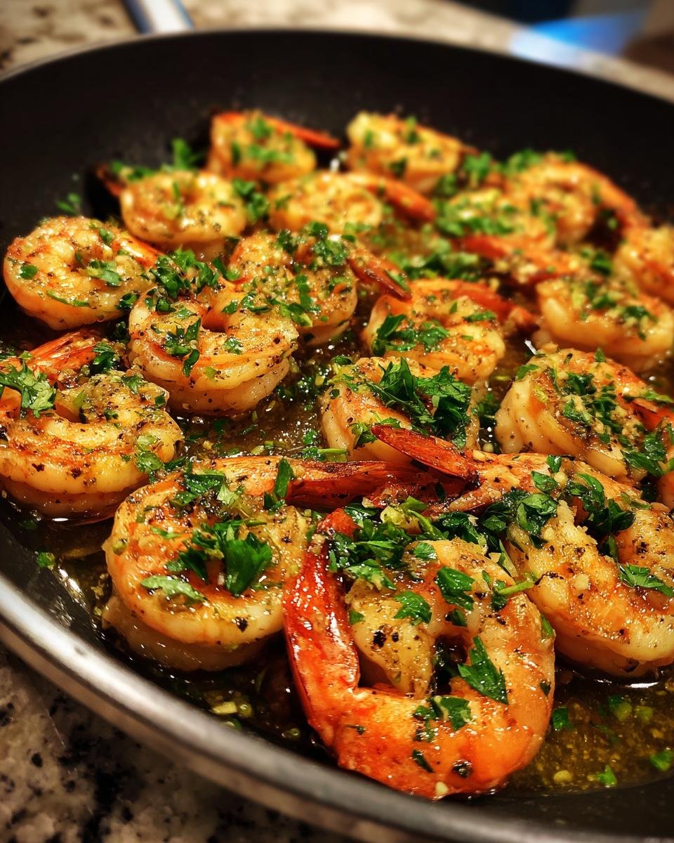 Nahaufnahme von saftigen Garnelen in einer Pfanne, zubereitet als Lemon Garlic Shrimp Skillet mit viel Kr&auml;utern.