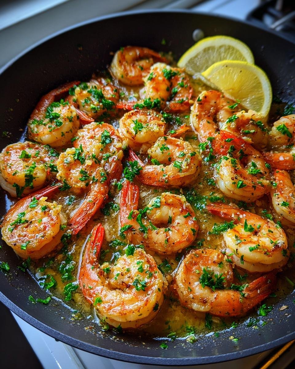 Nahaufnahme von saftigen Garnelen in einer Zitronen-Knoblauch-Sauce, garniert mit Petersilie und Zitronenscheiben &ndash; das perfekte Lemon Garlic Shrimp Skillet.