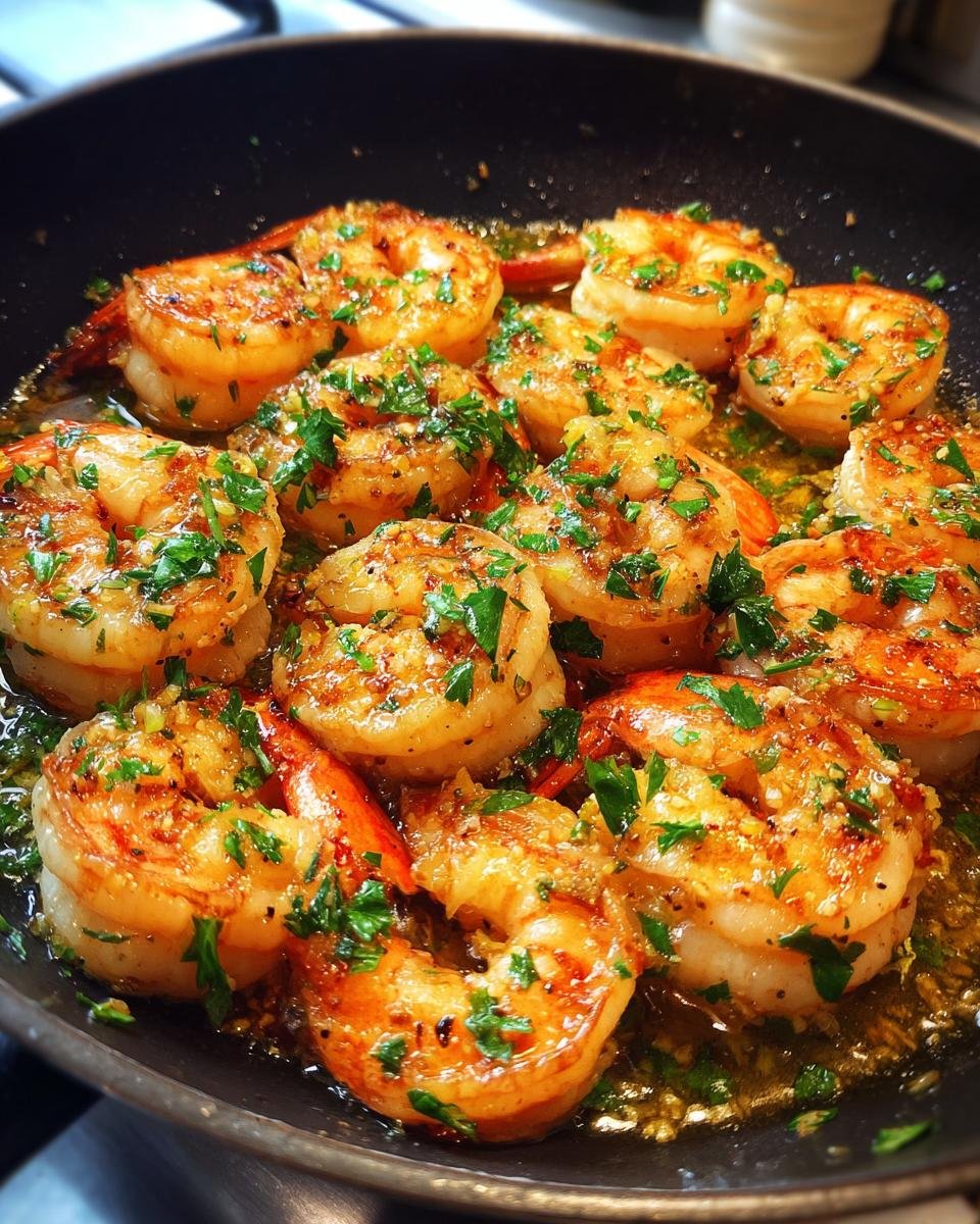 Nahaufnahme von saftigen Garnelen in einer Pfanne, zubereitet als Lemon Garlic Shrimp Skillet mit Knoblauch und Petersilie.