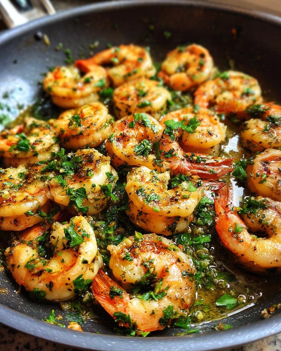 Nahaufnahme von saftigen Garnelen im Lemon Garlic Shrimp Skillet mit Knoblauch und Petersilie in einer Pfanne.
