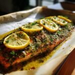 Ein saftiges St&uuml;ck Lemon Herb Salmon Tray Bake, bedeckt mit Kr&auml;utern und Zitronenscheiben, auf Backpapier.