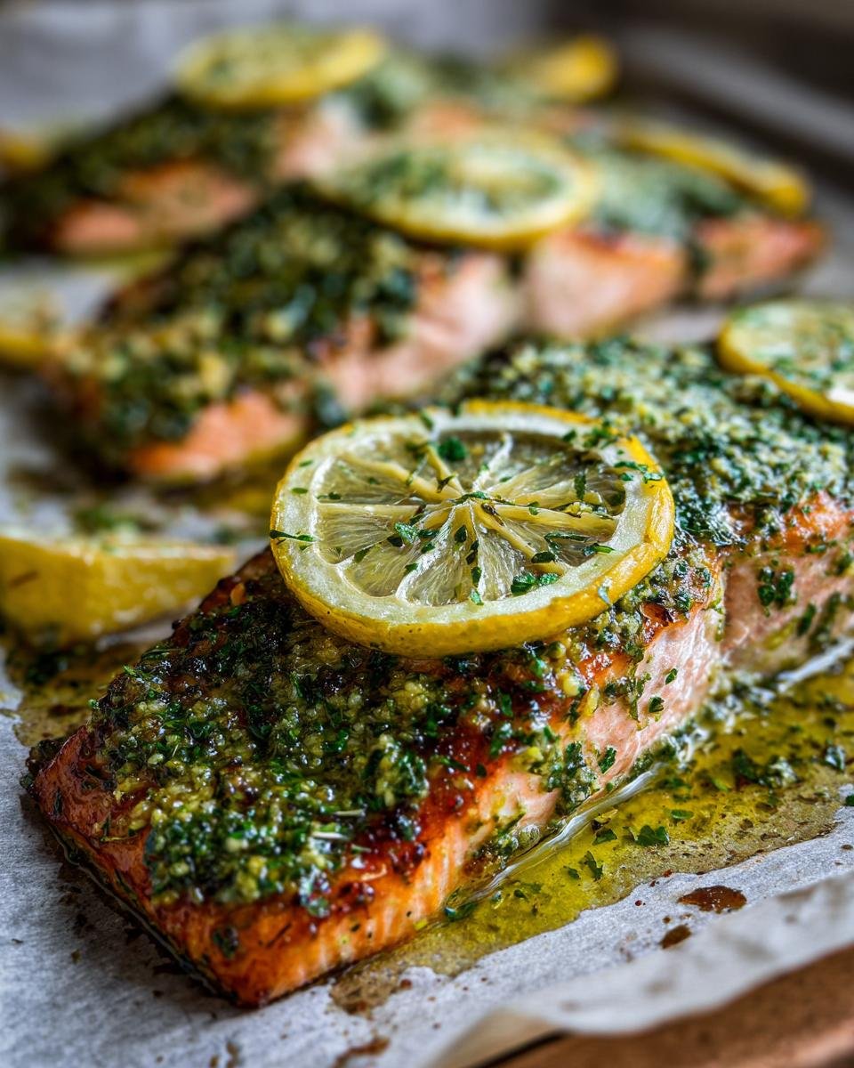 Nahaufnahme eines saftigen Lemon Herb Salmon Tray Bake mit Kr&auml;uterkruste und Zitronenscheiben.