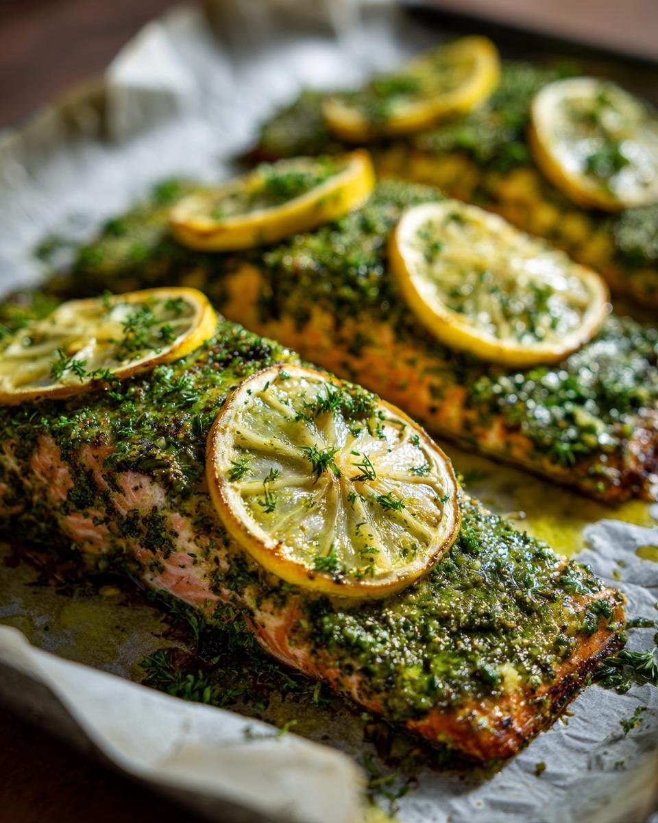 Nahaufnahme von saftigen Lachsfilets mit einer dicken Kr&auml;uter-Marinade und Zitronenscheiben, fertig als Lemon Herb Salmon Tray Bake.