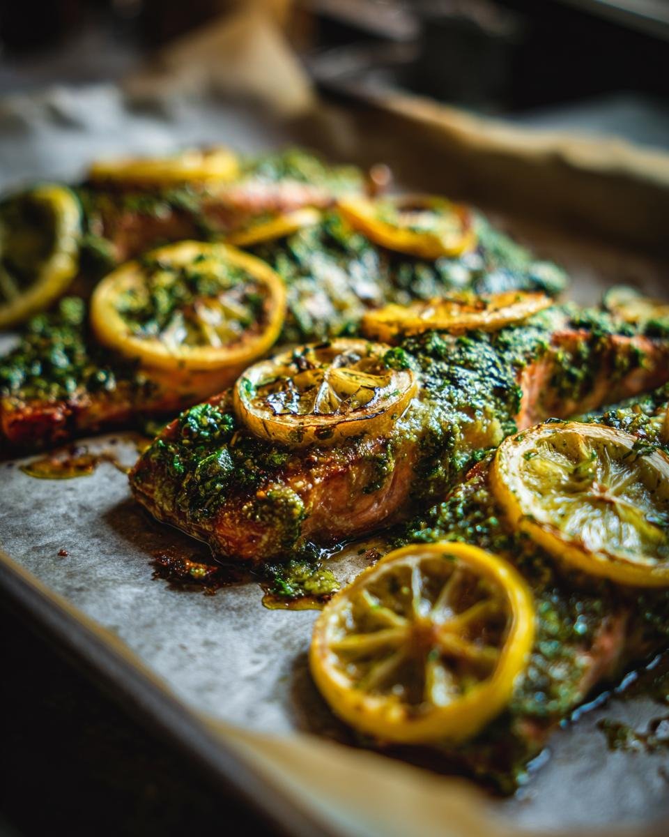 Nahaufnahme von saftigem Lachsfilet mit gr&uuml;ner Kr&auml;uterkruste und karamellisierten Zitronenscheiben, bereit f&uuml;r den Lemon Herb Salmon Tray Bake.