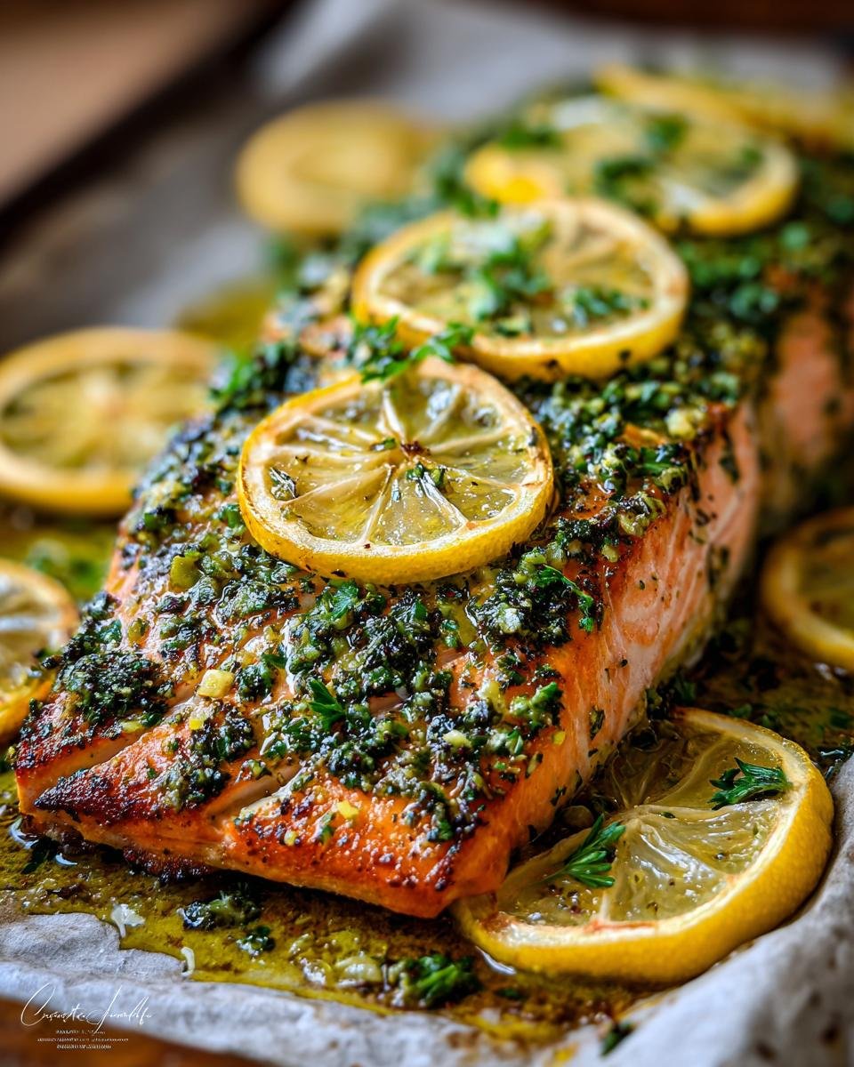 Nahaufnahme von saftigem Lemon Herb Salmon Tray Bake, bedeckt mit Kr&auml;utern und Zitronenscheiben.