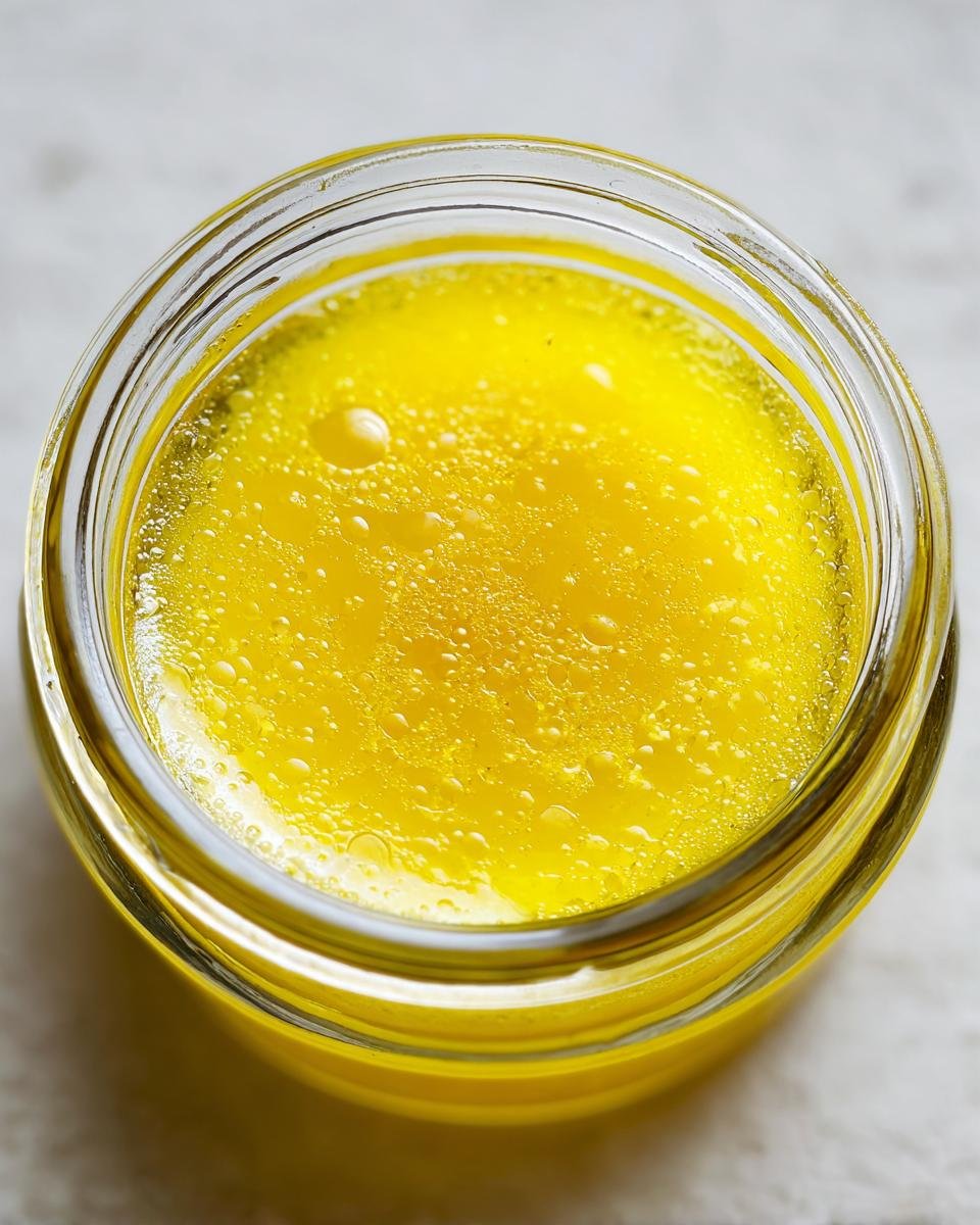 Nahaufnahme des leuchtend gelben Lemon Vinegarette Dressing in einem kleinen Glas mit Luftbl&auml;schen.