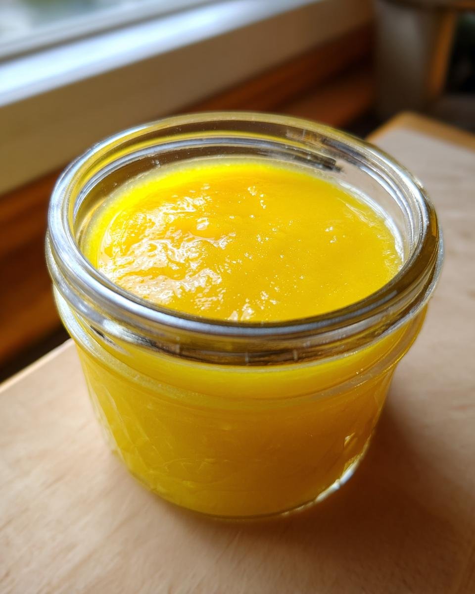 Nahaufnahme eines leuchtend gelben Lemon Vinegarette Dressing in einem kleinen Einmachglas.