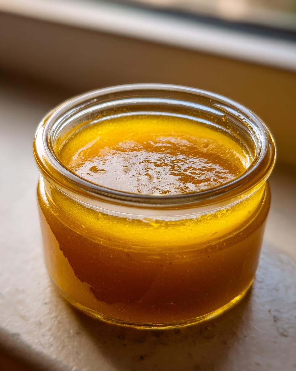 Nahaufnahme eines kleinen Glases mit leuchtend gelbem Lemon Vinegarette Dressing.