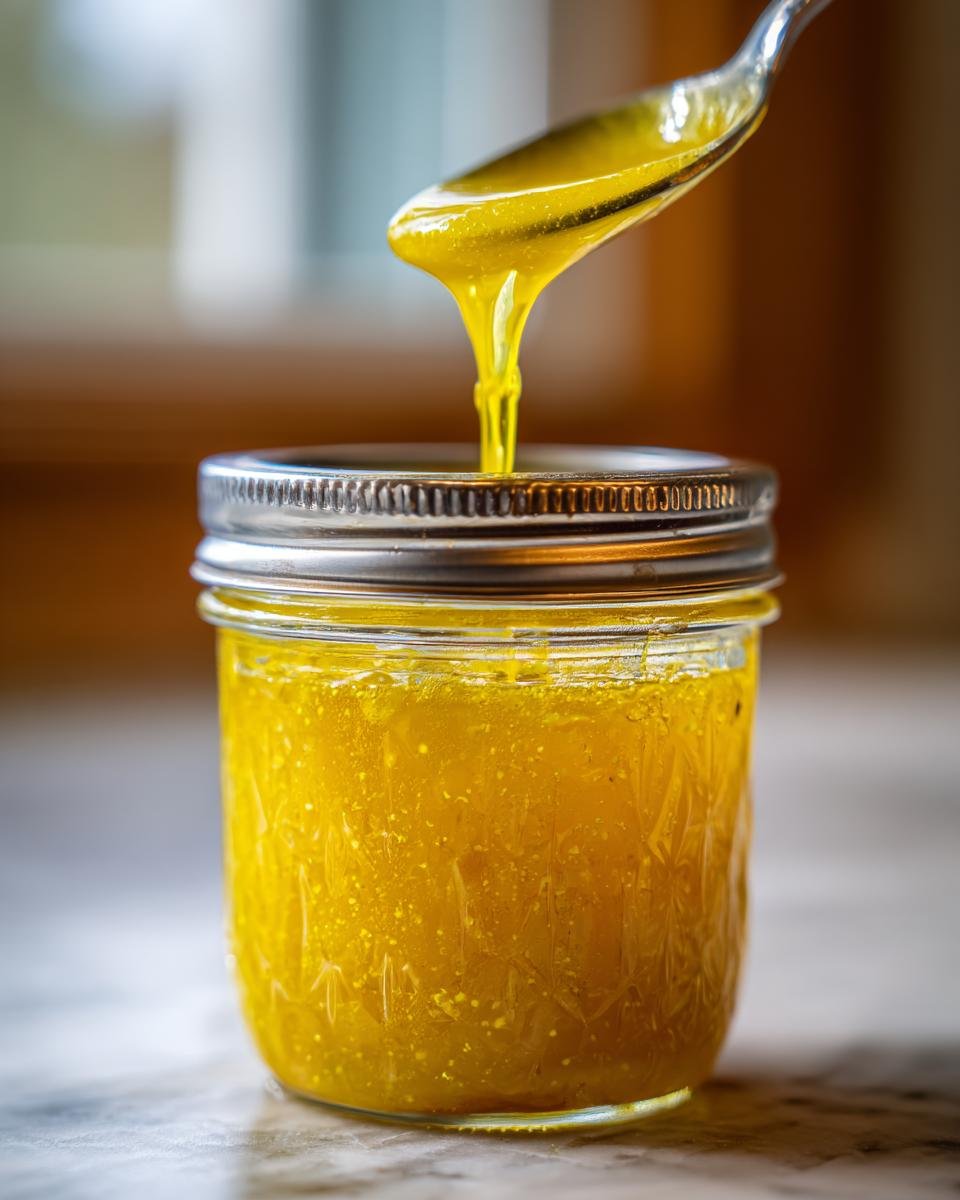 Ein L&ouml;ffel tropft leuchtend gelbes Lemon Vinegarette Dressing zur&uuml;ck in ein Einmachglas.