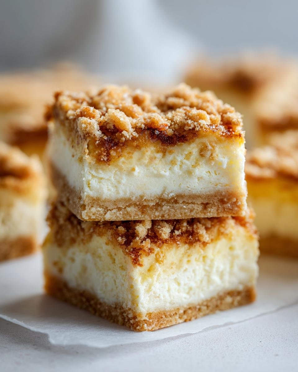 Zwei gestapelte St&uuml;cke der Lightest Ricotta Squares With Almond Crunch auf einem Holzbrett.