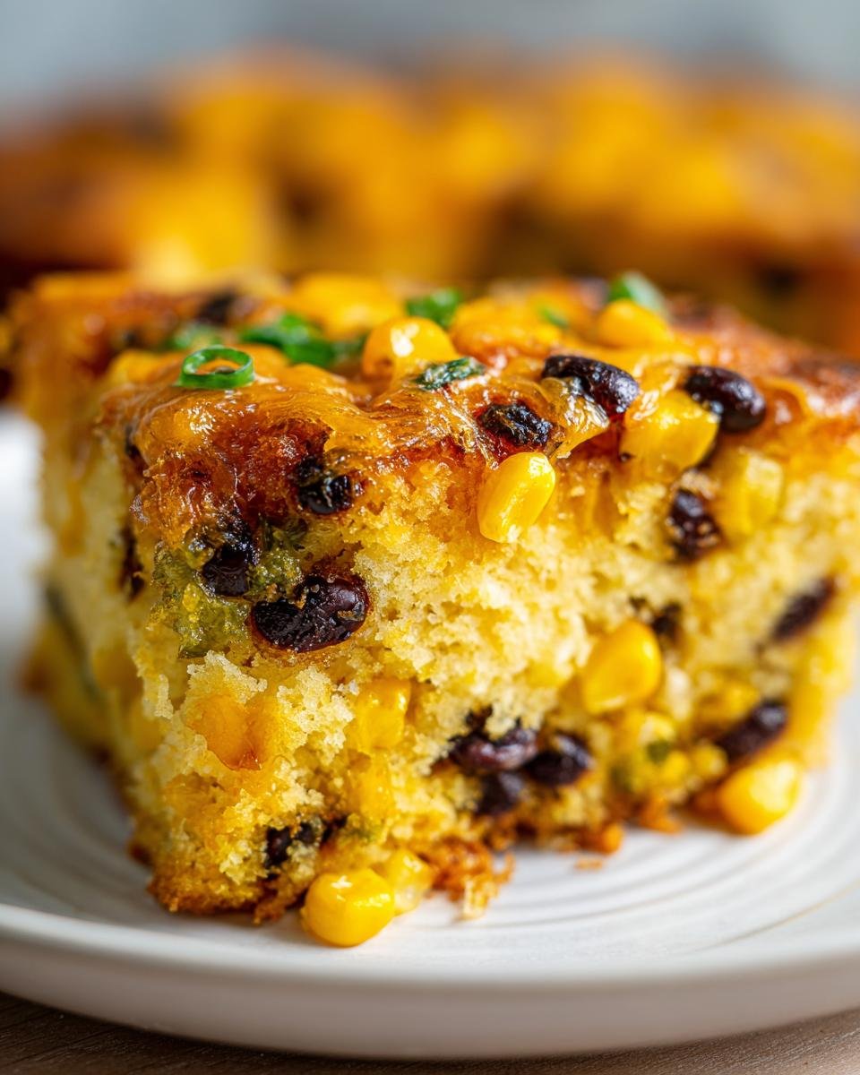 Nahaufnahme eines St&uuml;cks Loaded Cornbread Casserole mit Mais, schwarzen Bohnen und K&auml;se.