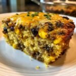Nahaufnahme eines St&uuml;cks Loaded Cornbread Casserole mit geschmolzenem K&auml;se, Mais und schwarzen Bohnen.