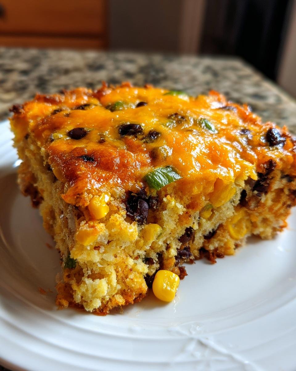 Nahaufnahme eines St&uuml;cks Loaded Cornbread Casserole mit geschmolzenem Cheddar, schwarzen Bohnen und Mais auf einem wei&szlig;en Teller.