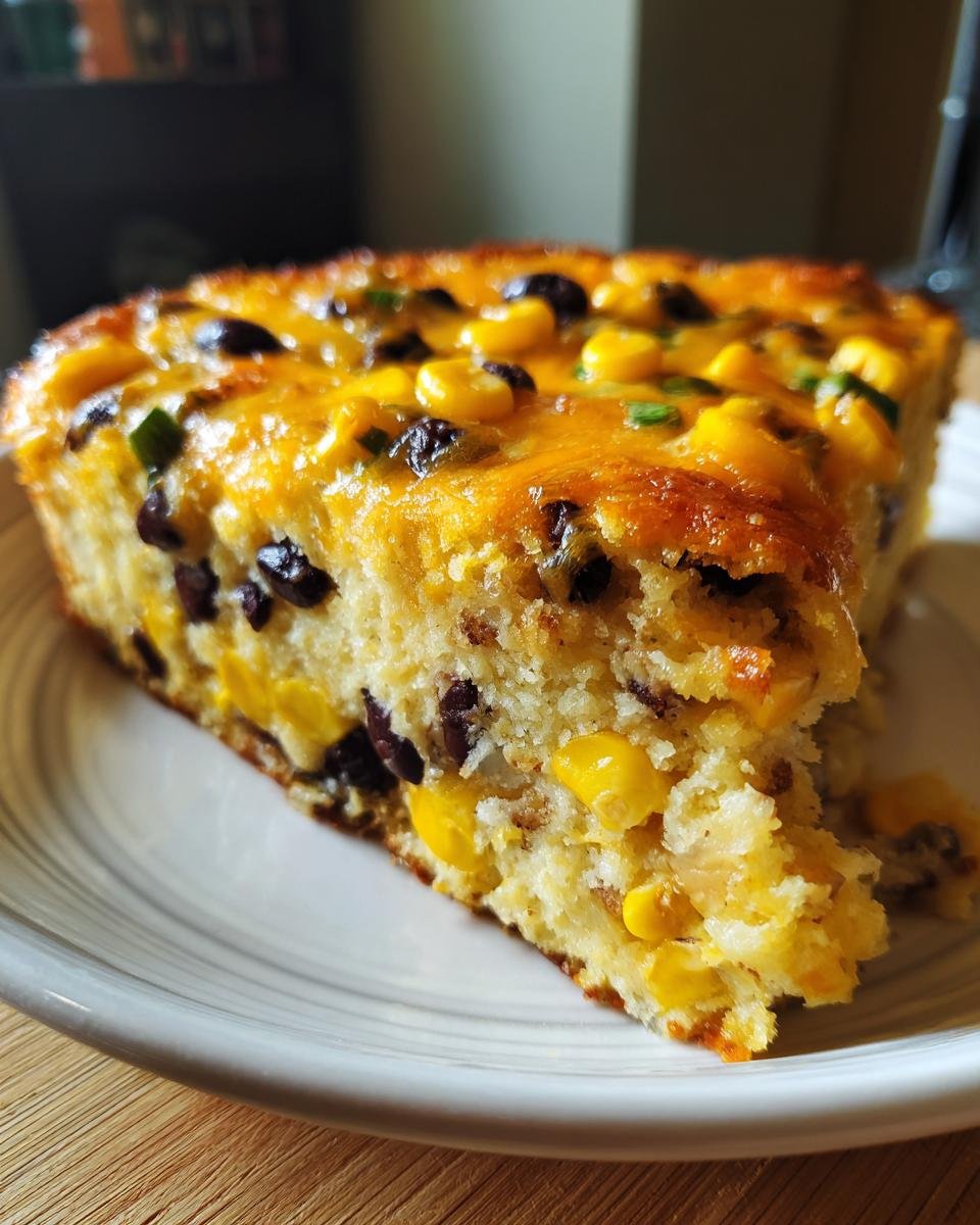 Nahaufnahme eines St&uuml;cks Loaded Cornbread Casserole mit geschmolzenem K&auml;se, Mais und schwarzen Bohnen.