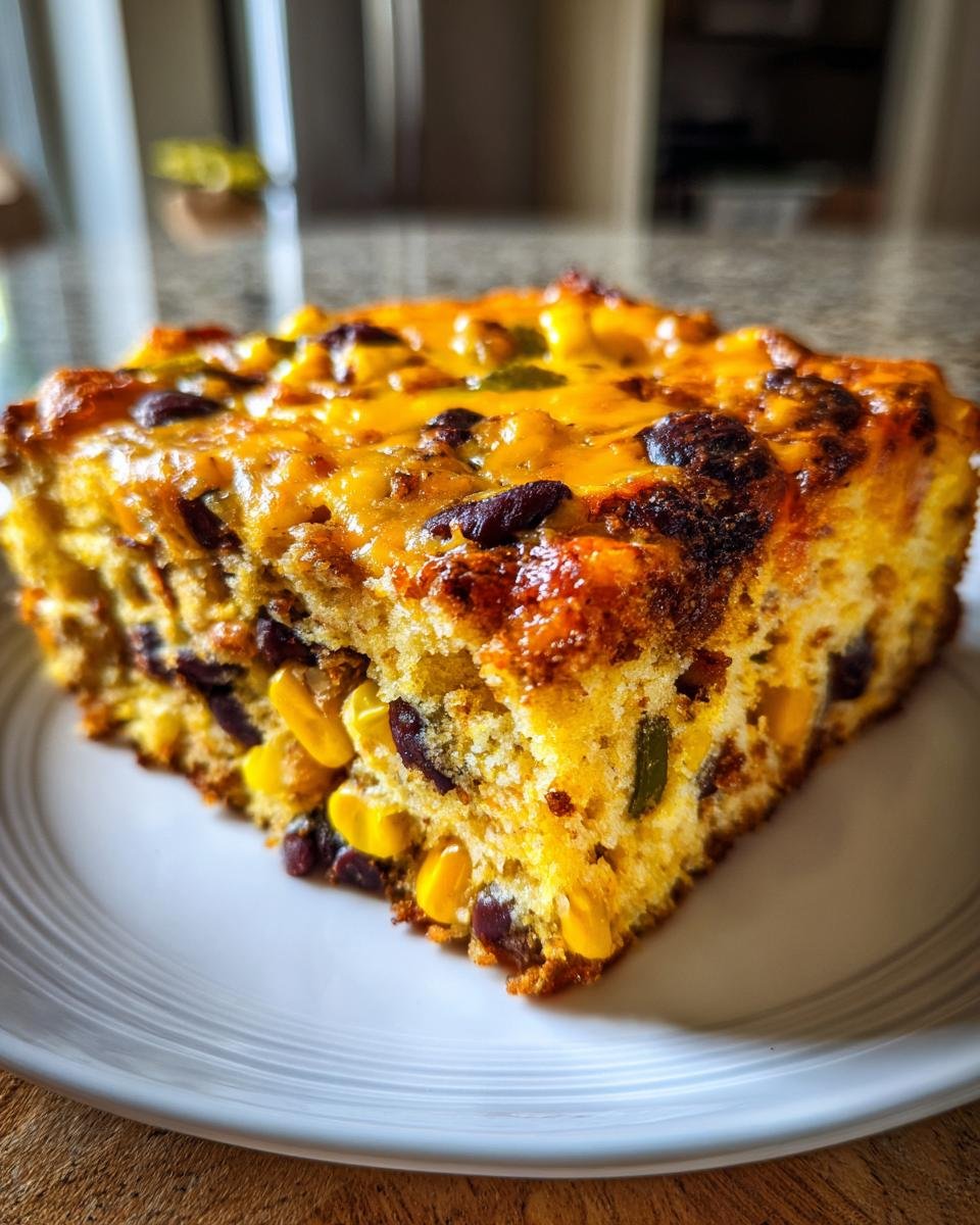 Nahaufnahme eines saftigen St&uuml;cks Loaded Cornbread Casserole mit geschmolzenem K&auml;se, Mais und schwarzen Bohnen.
