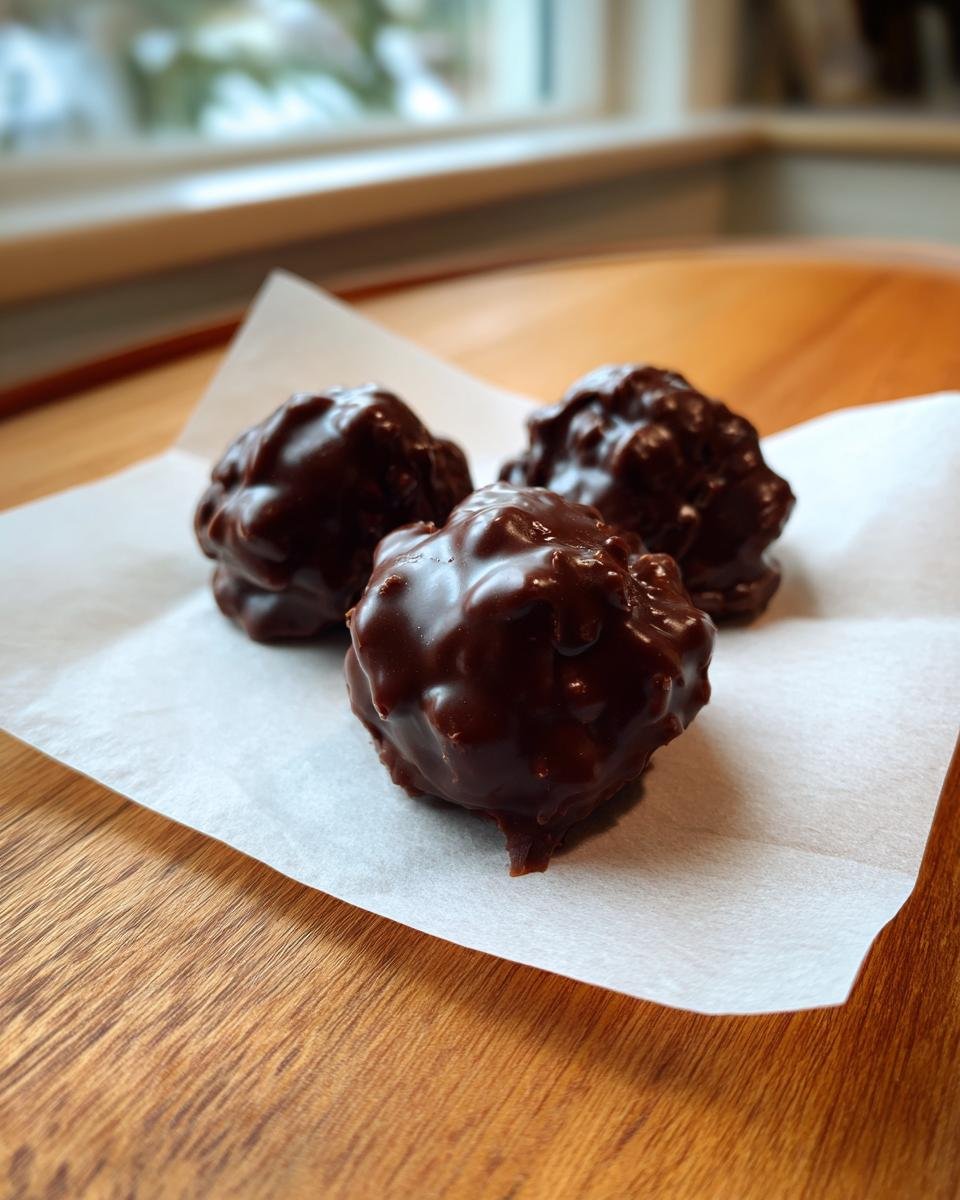 Drei selbstgemachte Martha Washington Pralinen, &uuml;berzogen mit dunkler Schokolade, auf Backpapier.