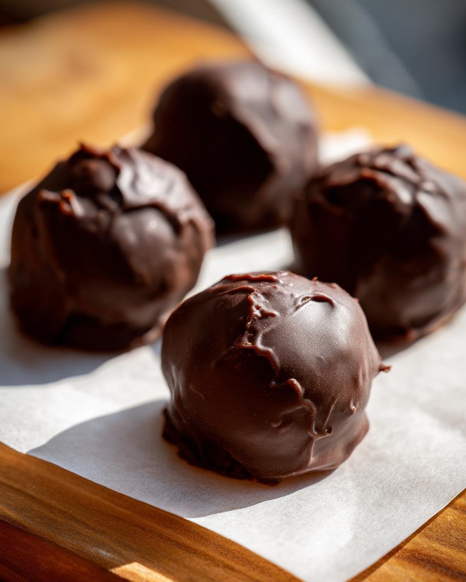 Vier hausgemachte, mit dunkler Schokolade &uuml;berzogene Pralinen, die auf Backpapier liegen &ndash; perfekt f&uuml;r das Delightful Martha Washington Candy Recipe.