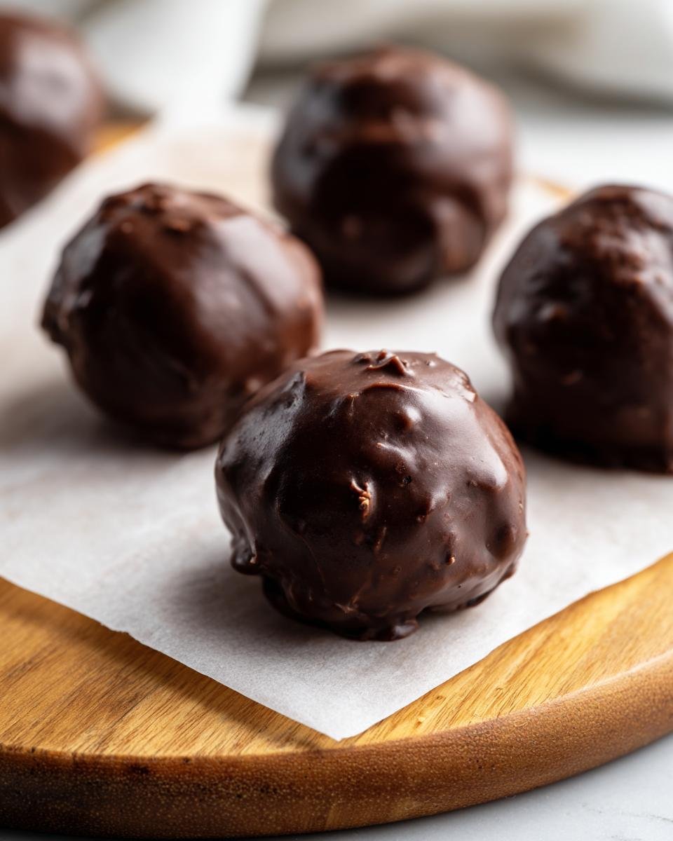 Nahaufnahme von mehreren schokoladen&uuml;berzogenen Martha Washington Pralinen auf Backpapier.