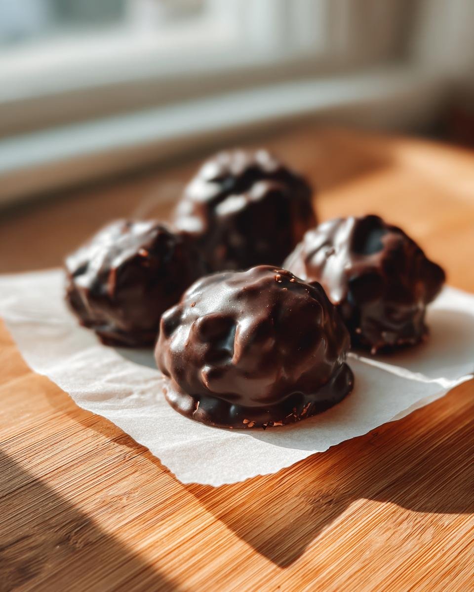 Vier schokolierte Martha Washington Pralinen auf Backpapier auf einem Holzbrett.