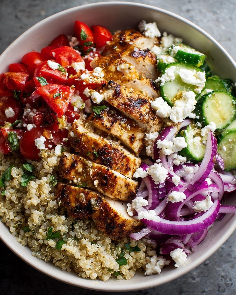 Nahaufnahme eines Mediterranean Chicken Bowl mit gegrilltem H&auml;hnchen, Quinoa, Tomaten und Feta.