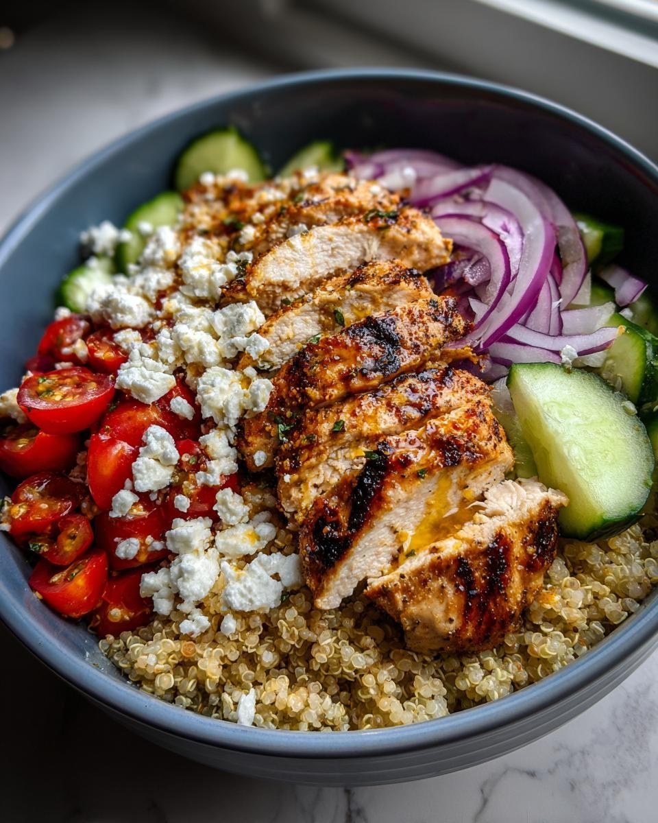 Nahaufnahme eines Mediterranean Chicken Bowl mit gegrilltem H&auml;hnchen, Quinoa, Feta und Gem&uuml;se.
