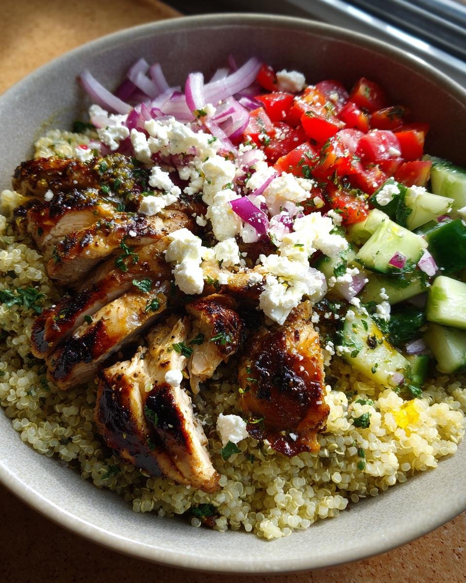 Nahaufnahme eines Mediterranean Chicken Bowl mit gegrilltem H&auml;hnchen, Quinoa, Tomaten, Gurken und Feta.