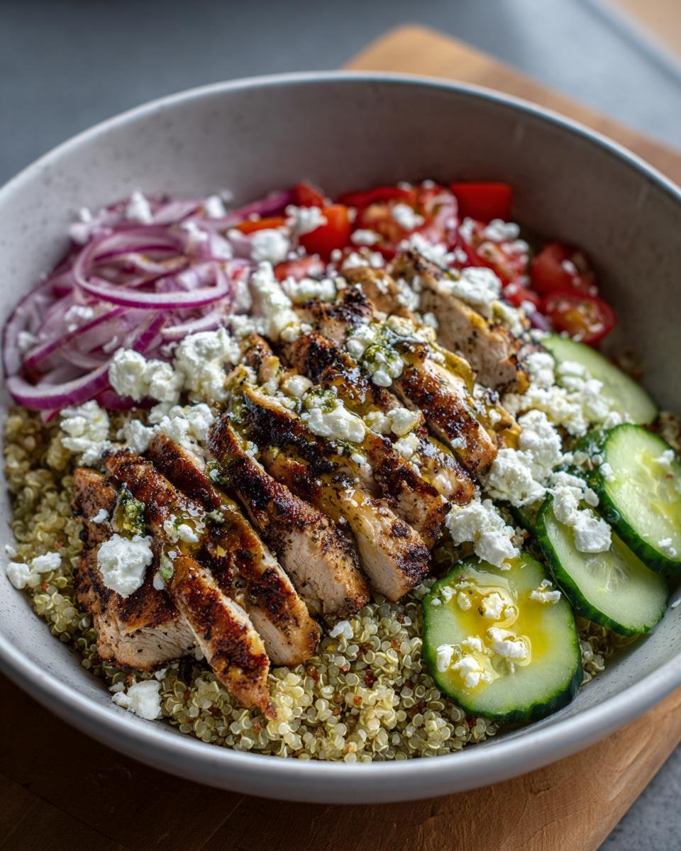 Geschnittene gegrillte H&auml;hnchenbrust &uuml;ber Quinoa, garniert mit Feta, Gurken und roten Zwiebeln im Mediterranean Chicken Bowl.