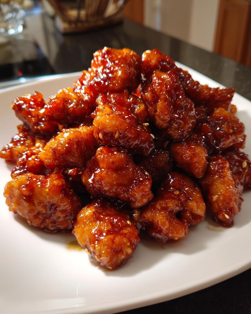 Nahaufnahme von glasiertem, knusprigem Melt In Your Mouth Chicken mit Sesamk&ouml;rnern auf einem wei&szlig;en Teller.