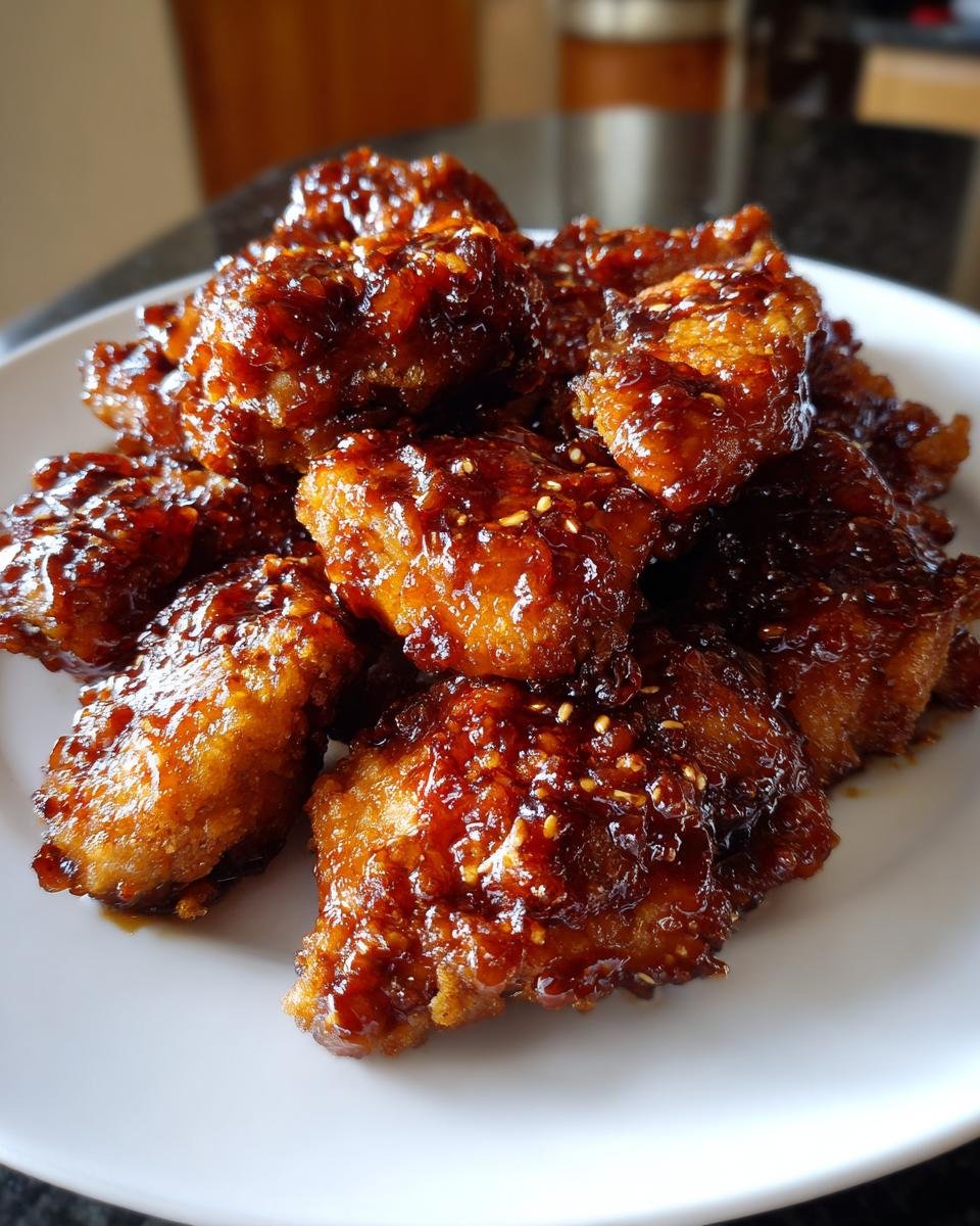 Nahaufnahme von saftigem Melt In Your Mouth Chicken, bedeckt mit einer dunklen, gl&auml;nzenden Glasur und Sesam.